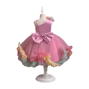 Young Girl Color-Blocked Mesh Fabric Puffy Party Dress With 3D Flowers