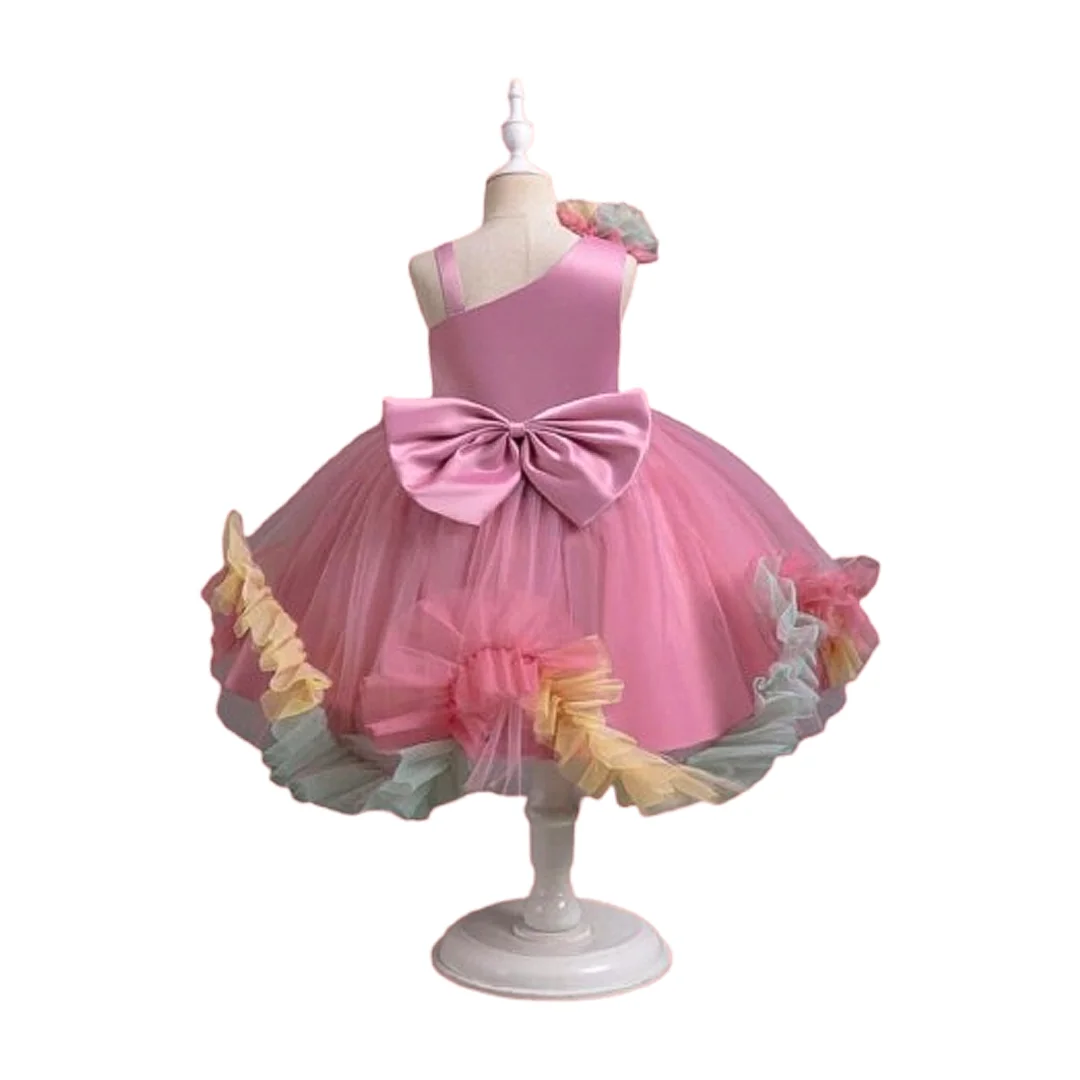 Young Girl Color-Blocked Mesh Fabric Puffy Party Dress With 3D Flowers
